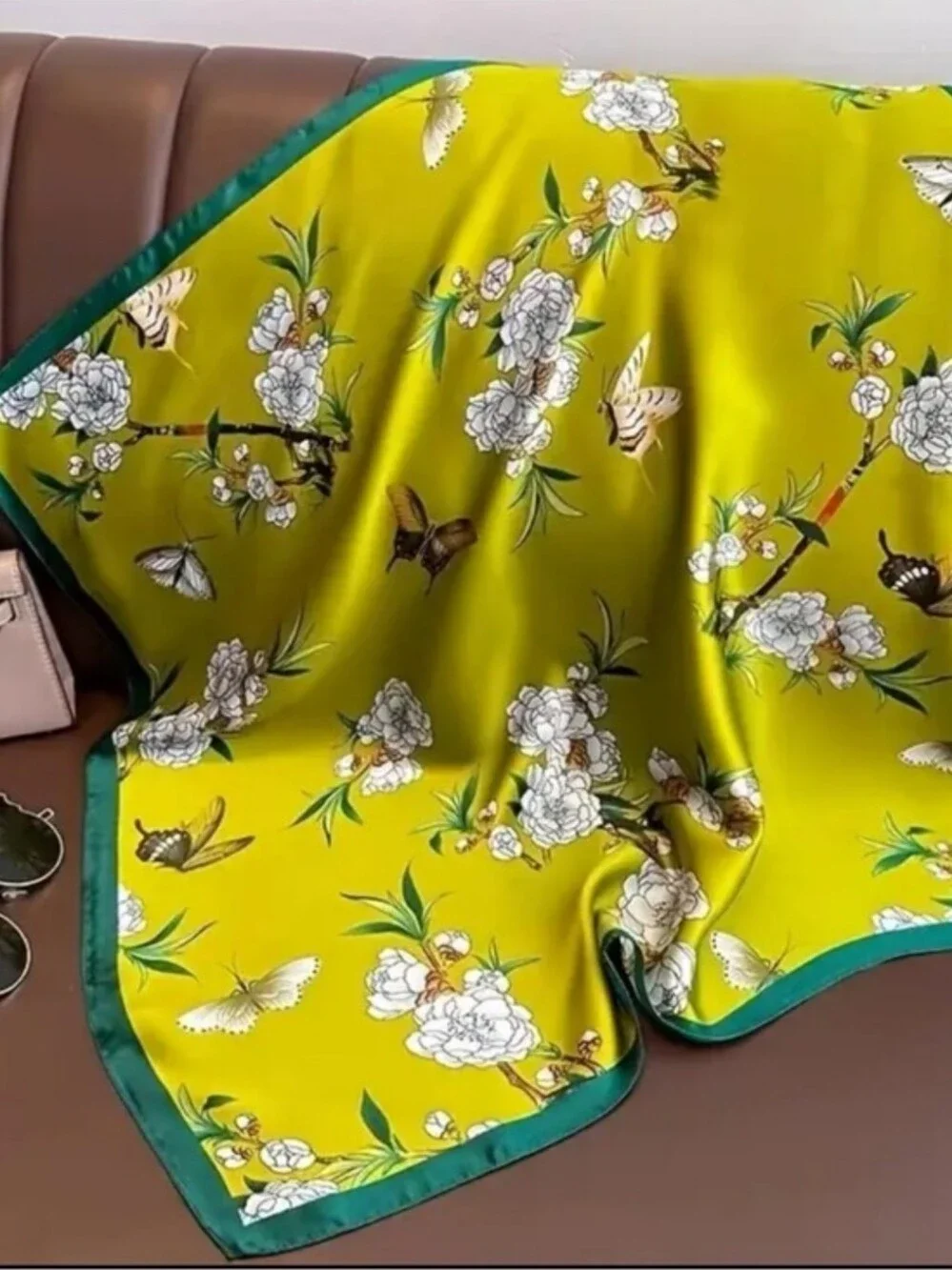 Silk-feel Yellow Floral  Scarf with Green   Head & Neck Scarf